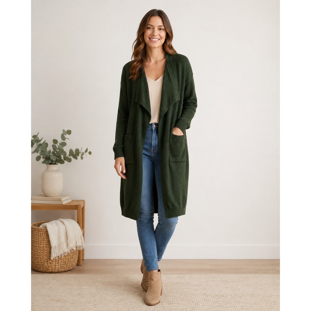 Harper Lane Cardigan Sweater Womens XSP Green Acrylic Wool Blend Long Open Front